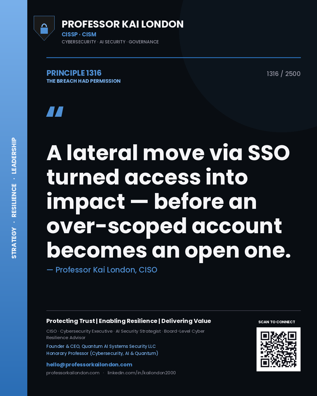 Quote card by Professor Kai London reading 'A lateral move via SSO turned access into impact — before an over-scoped account becomes an open one.'. From the book The Breach Had Permission.