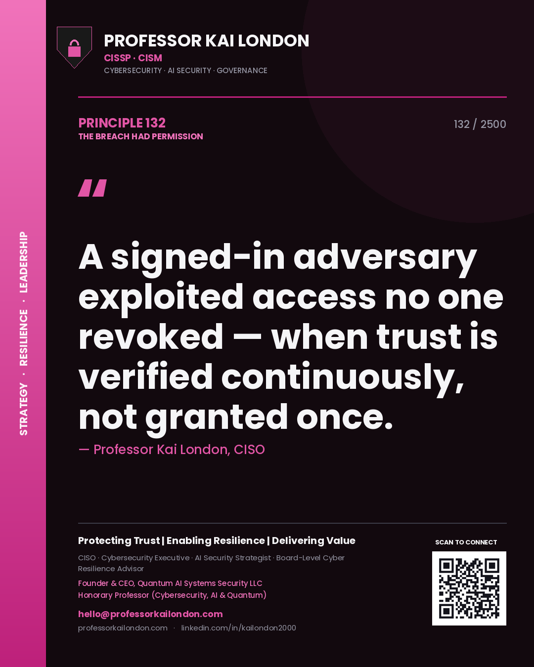 Professor Kai London principle 132: A signed-in adversary exploited access no one revoked — when trust is verified continuously, not granted once.