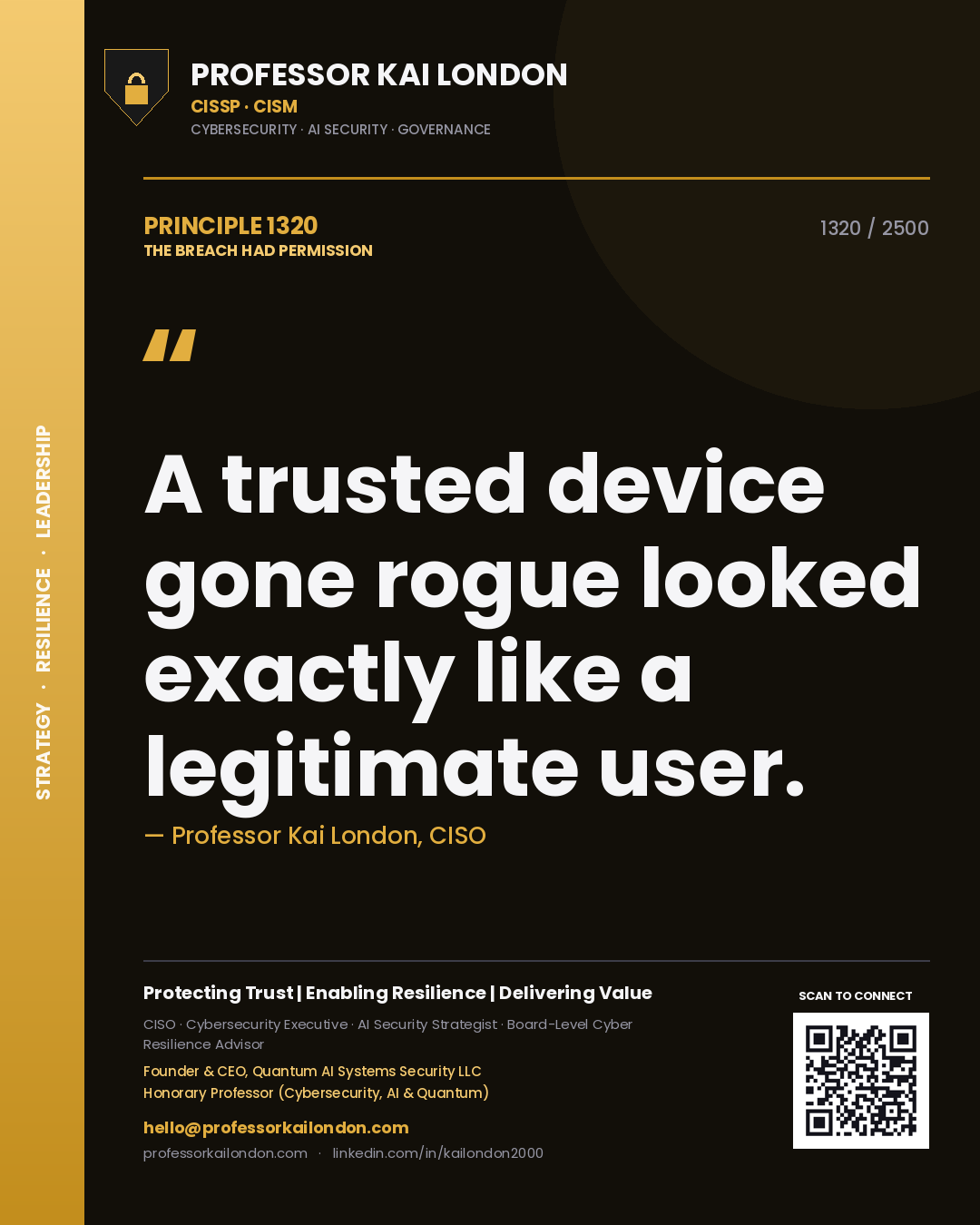Quote card by Professor Kai London reading 'A trusted device gone rogue looked exactly like a legitimate user.'. From the book The Breach Had Permission.