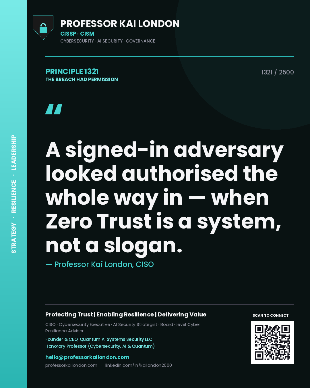 Quote card by Professor Kai London reading 'A signed-in adversary looked authorised the whole way in — when Zero Trust is a system, not a slogan.'. From the book The Breach Had Permission.
