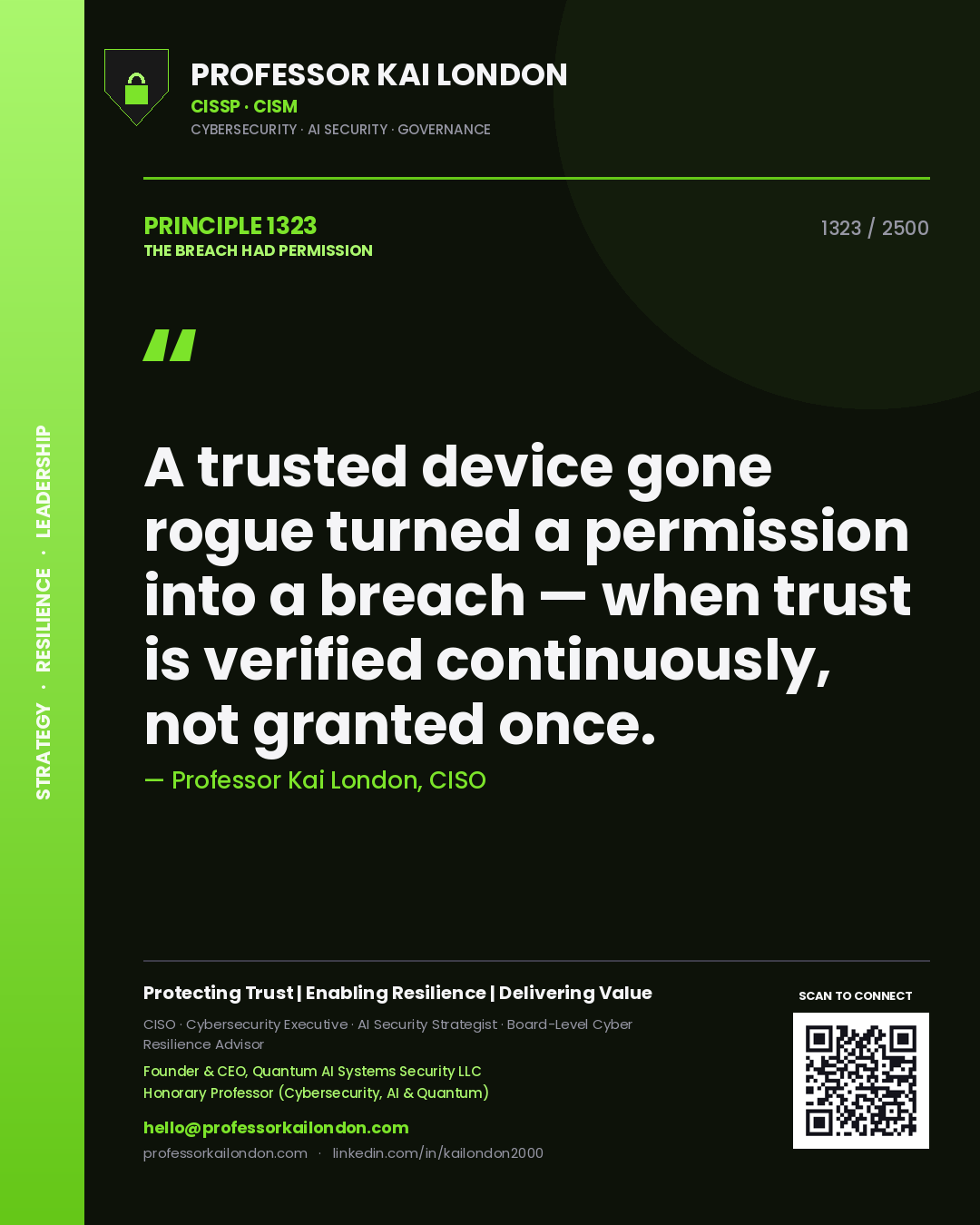 Professor Kai London principle 1323: A trusted device gone rogue turned a permission into a breach — when trust is verified continuously, not granted once.
