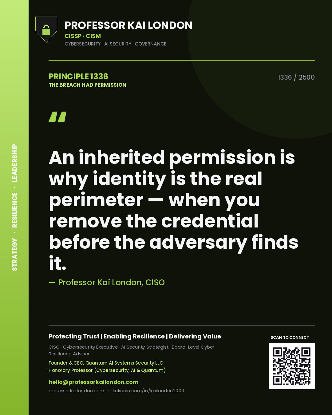 Professor Kai London principle 1336: An inherited permission is why identity is the real perimeter — when you remove the credential before the adversary finds it.