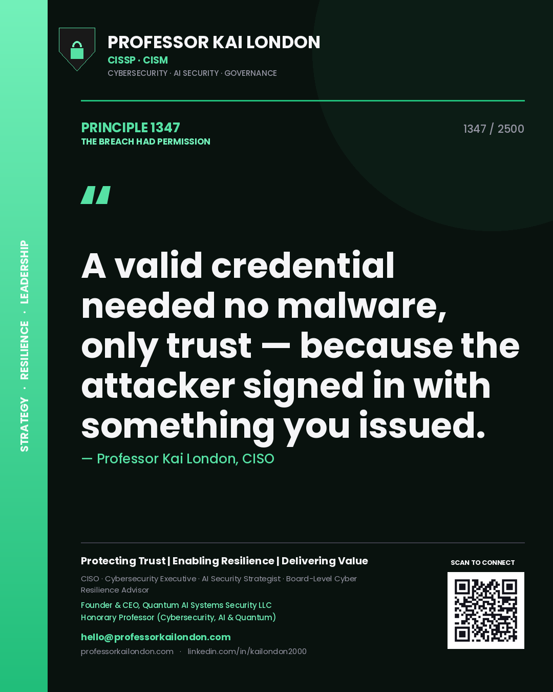 Quote card by Professor Kai London reading 'A valid credential needed no malware, only trust — because the attacker signed in with something you issued.'. From the book The Breach Had Permission.