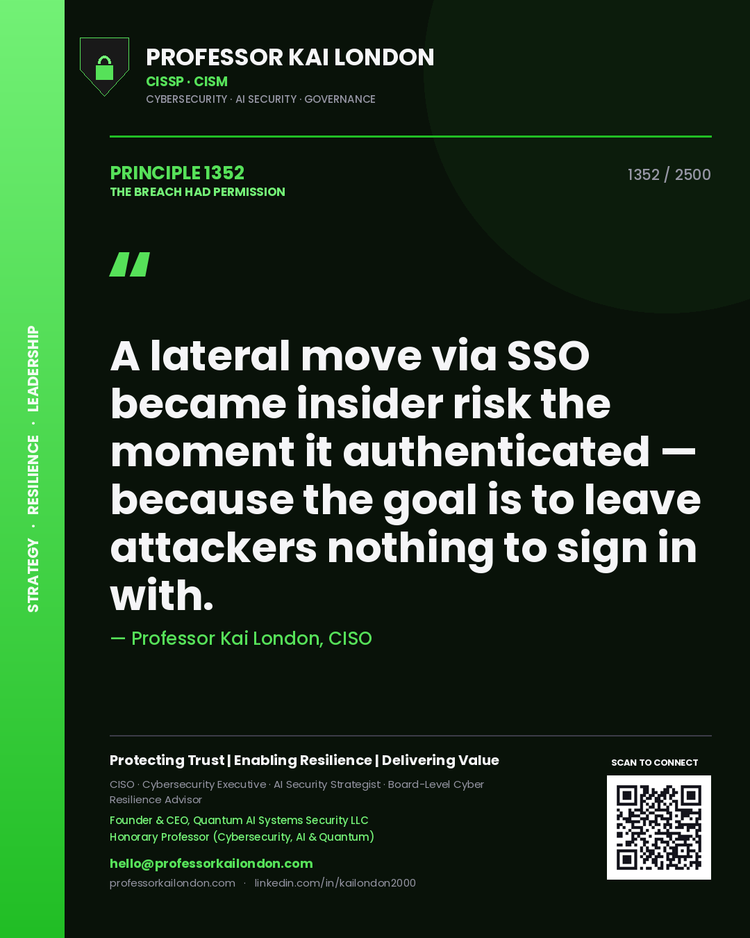 Professor Kai London principle 1352: A lateral move via SSO became insider risk the moment it authenticated — because the goal is to leave attackers nothing to sign in with.
