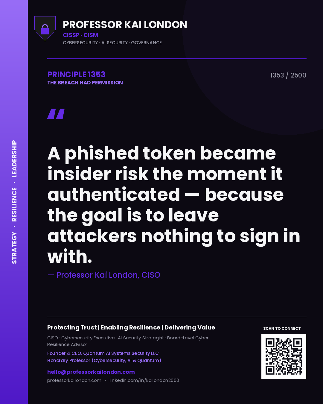 Professor Kai London principle 1353: A phished token became insider risk the moment it authenticated — because the goal is to leave attackers nothing to sign in with.