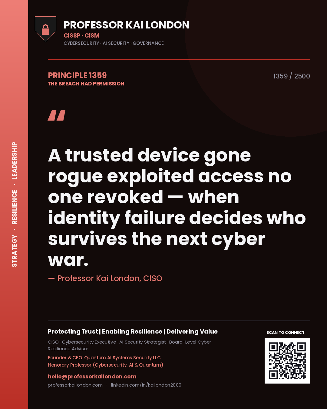 Quote card by Professor Kai London reading 'A trusted device gone rogue exploited access no one revoked — when identity failure decides who survives the next cyber war.'. From the book The Breach Had Permission.