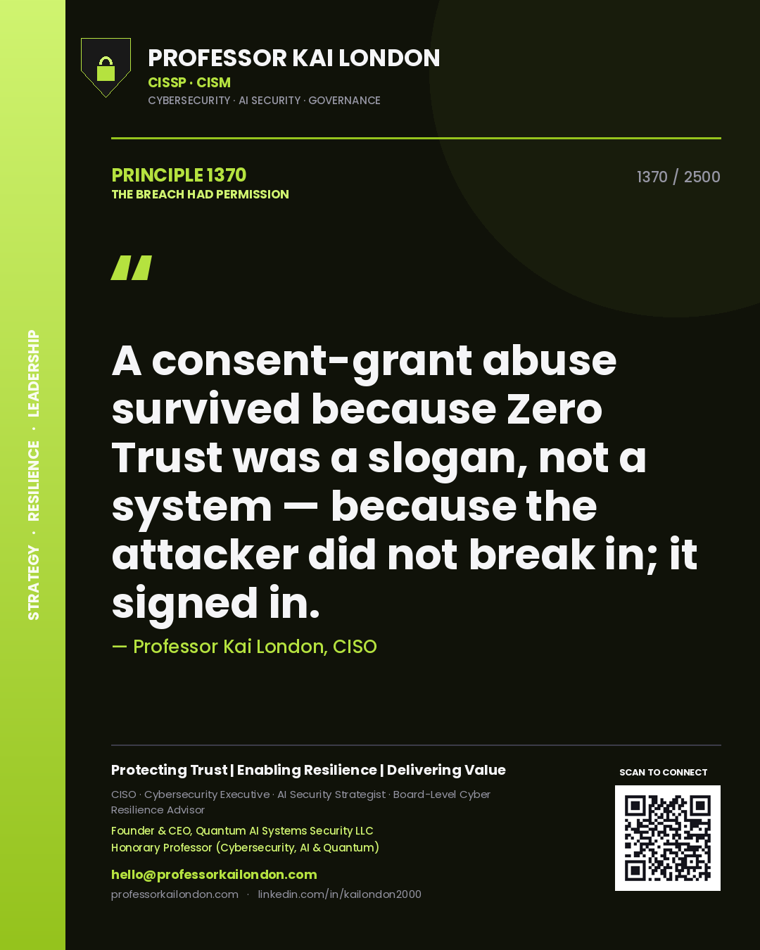 Quote card by Professor Kai London reading 'A consent-grant abuse survived because Zero Trust was a slogan, not a system — because the attacker did not break in; it signed in.'. From the book The Breach Had Permission.