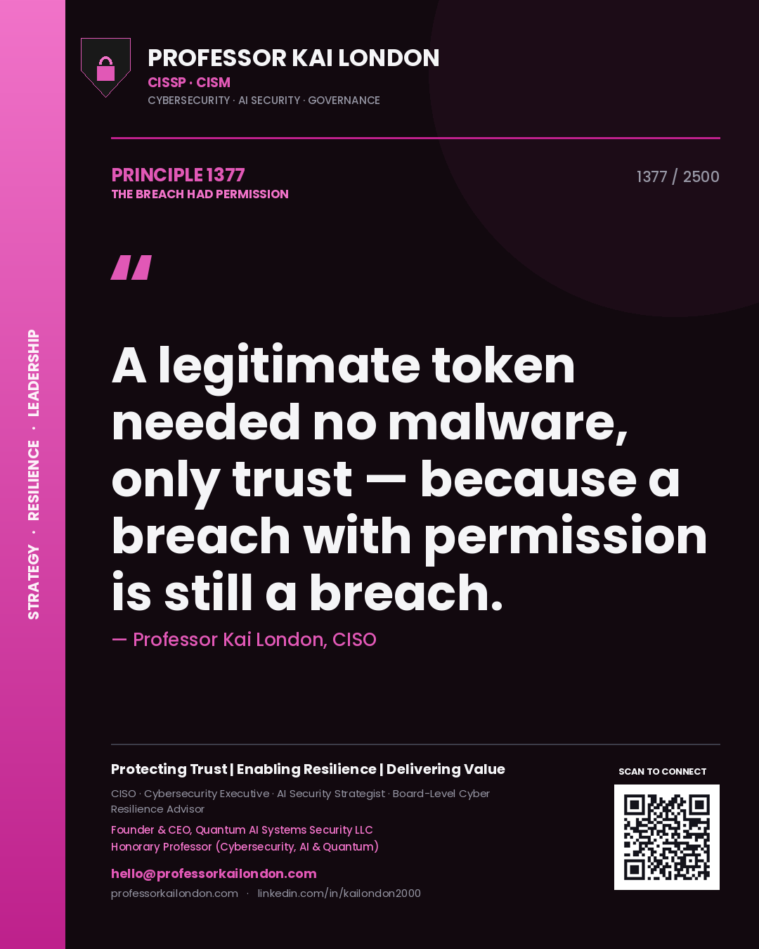 Professor Kai London principle 1377: A legitimate token needed no malware, only trust — because a breach with permission is still a breach.