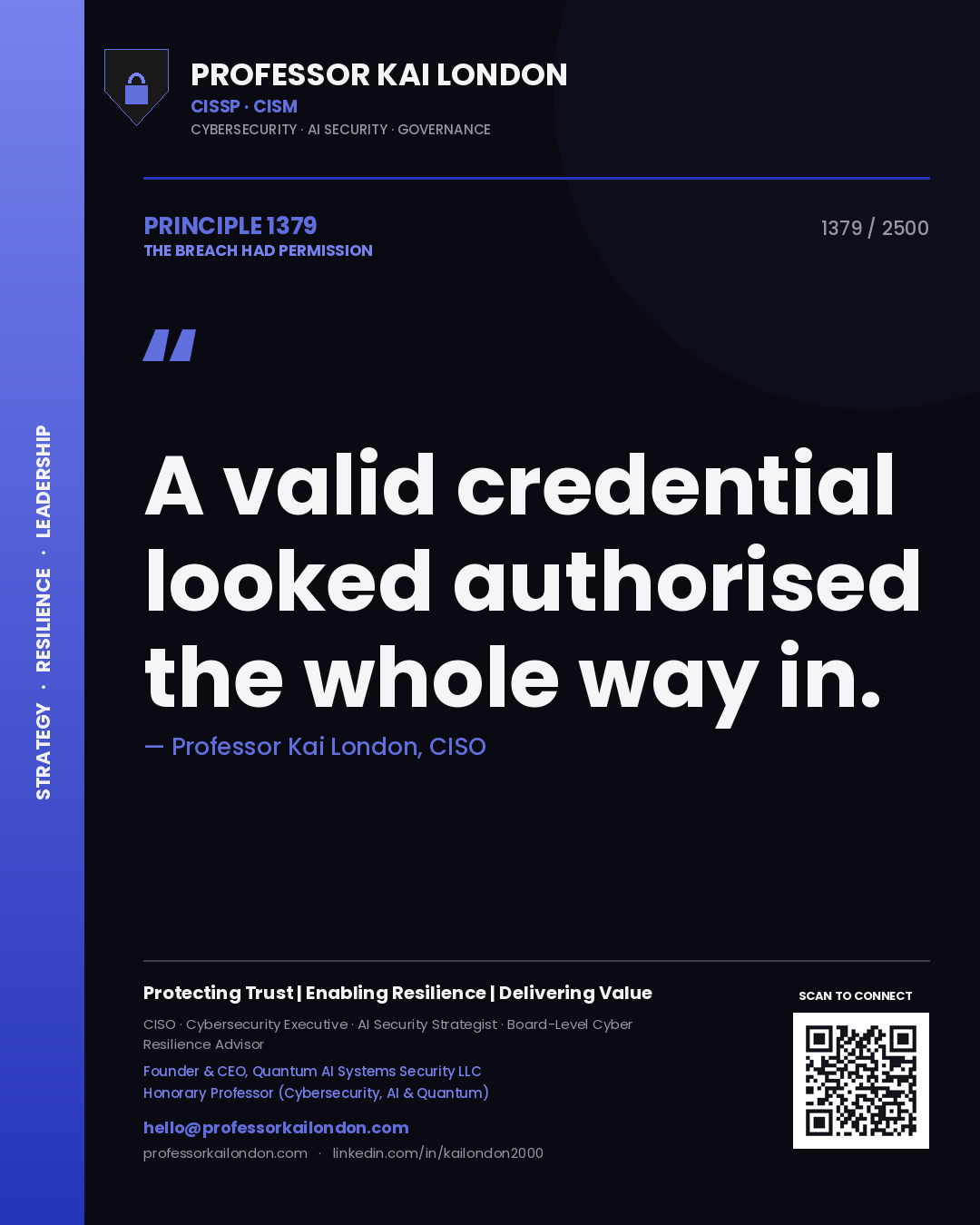 Quote card by Professor Kai London reading 'A valid credential looked authorised the whole way in.'. From the book The Breach Had Permission.