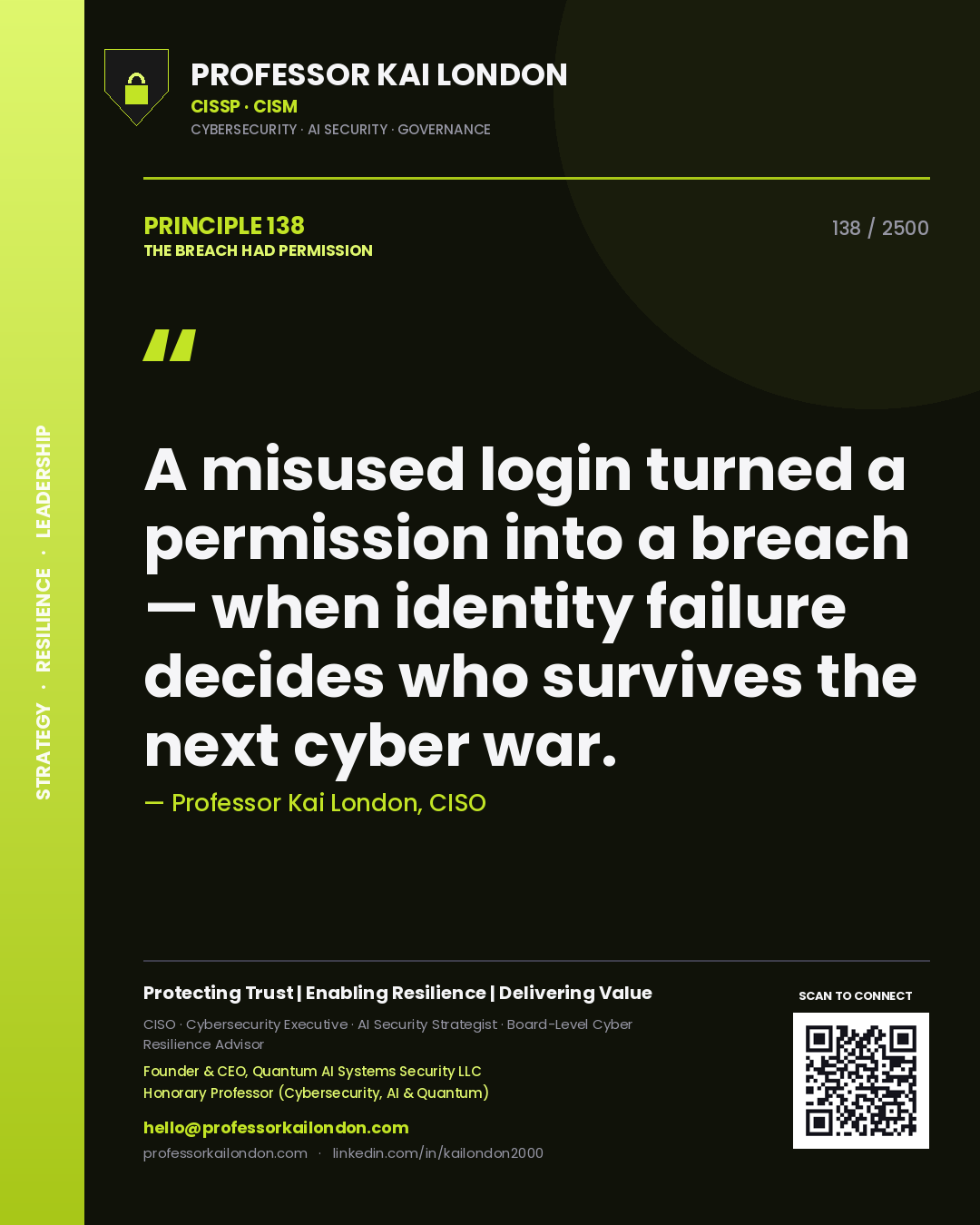 Professor Kai London principle 138: A misused login turned a permission into a breach — when identity failure decides who survives the next cyber war.