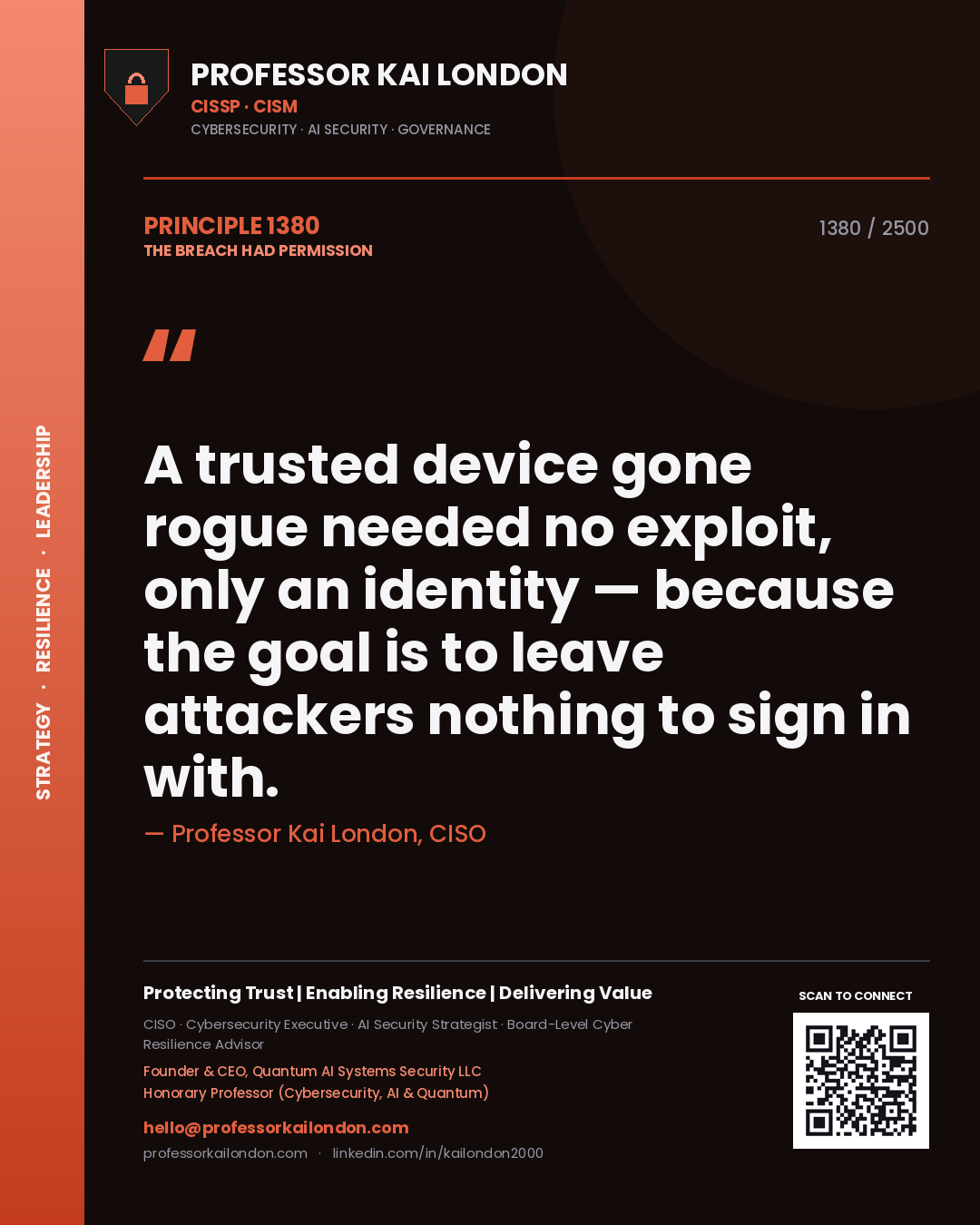 Quote card by Professor Kai London reading 'A trusted device gone rogue needed no exploit, only an identity — because the goal is to leave attackers nothing to sign in with.'. From the book The Breach Had Permission.