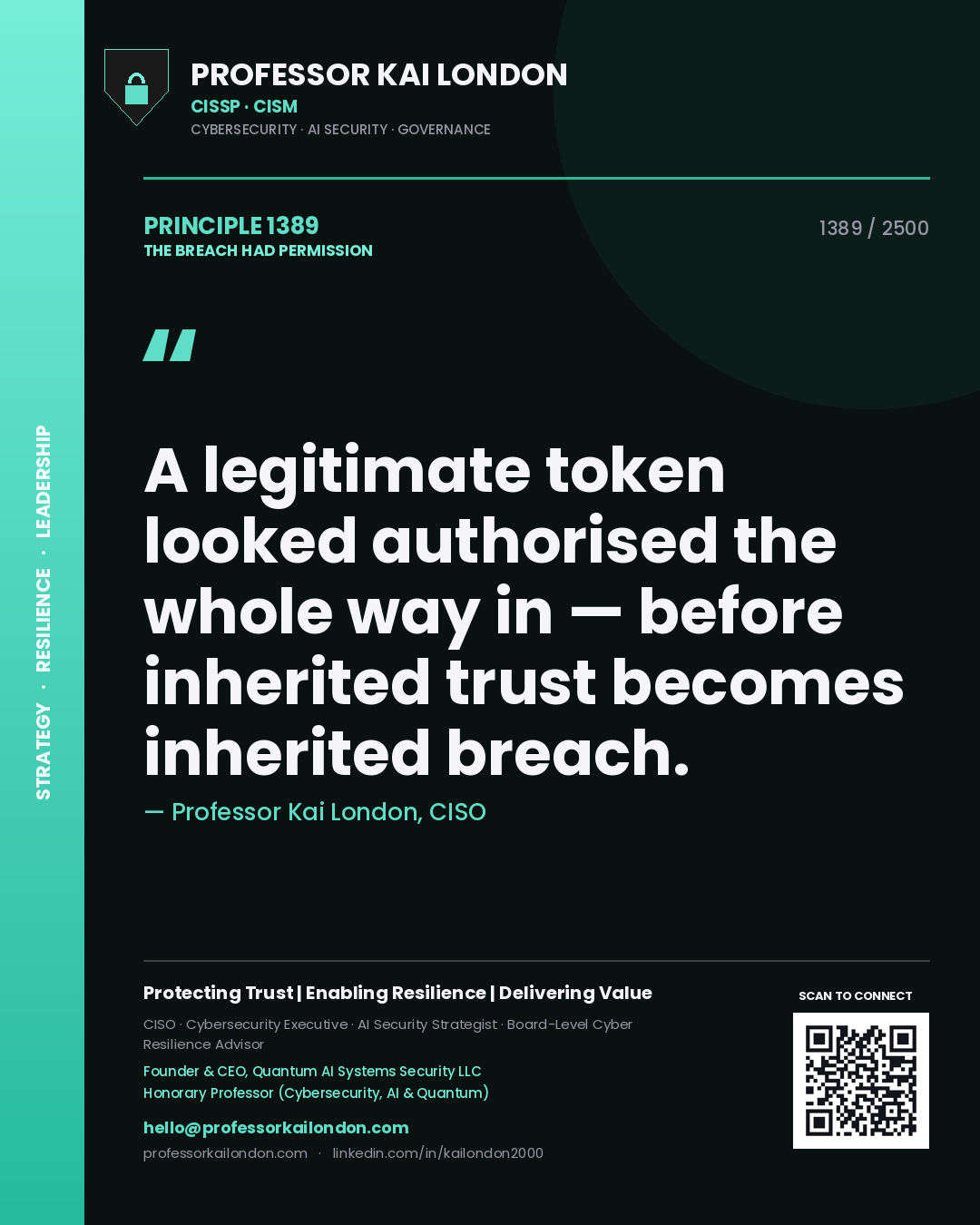 Quote card by Professor Kai London reading 'A legitimate token looked authorised the whole way in — before inherited trust becomes inherited breach.'. From the book The Breach Had Permission.