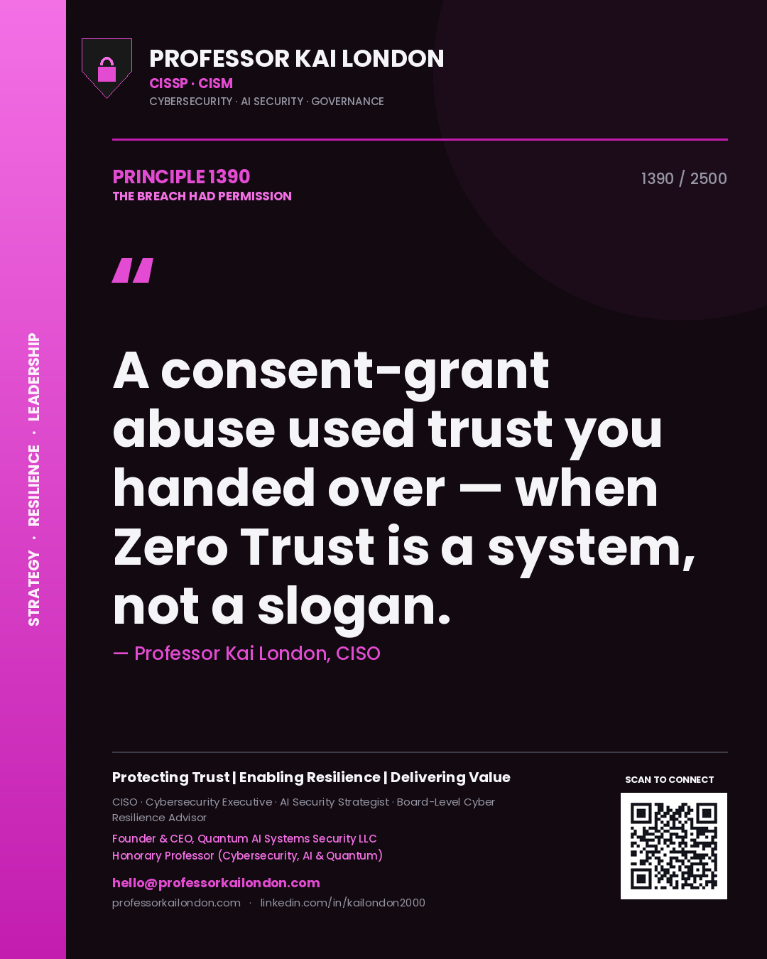 Professor Kai London principle 1390: A consent-grant abuse used trust you handed over — when Zero Trust is a system, not a slogan.