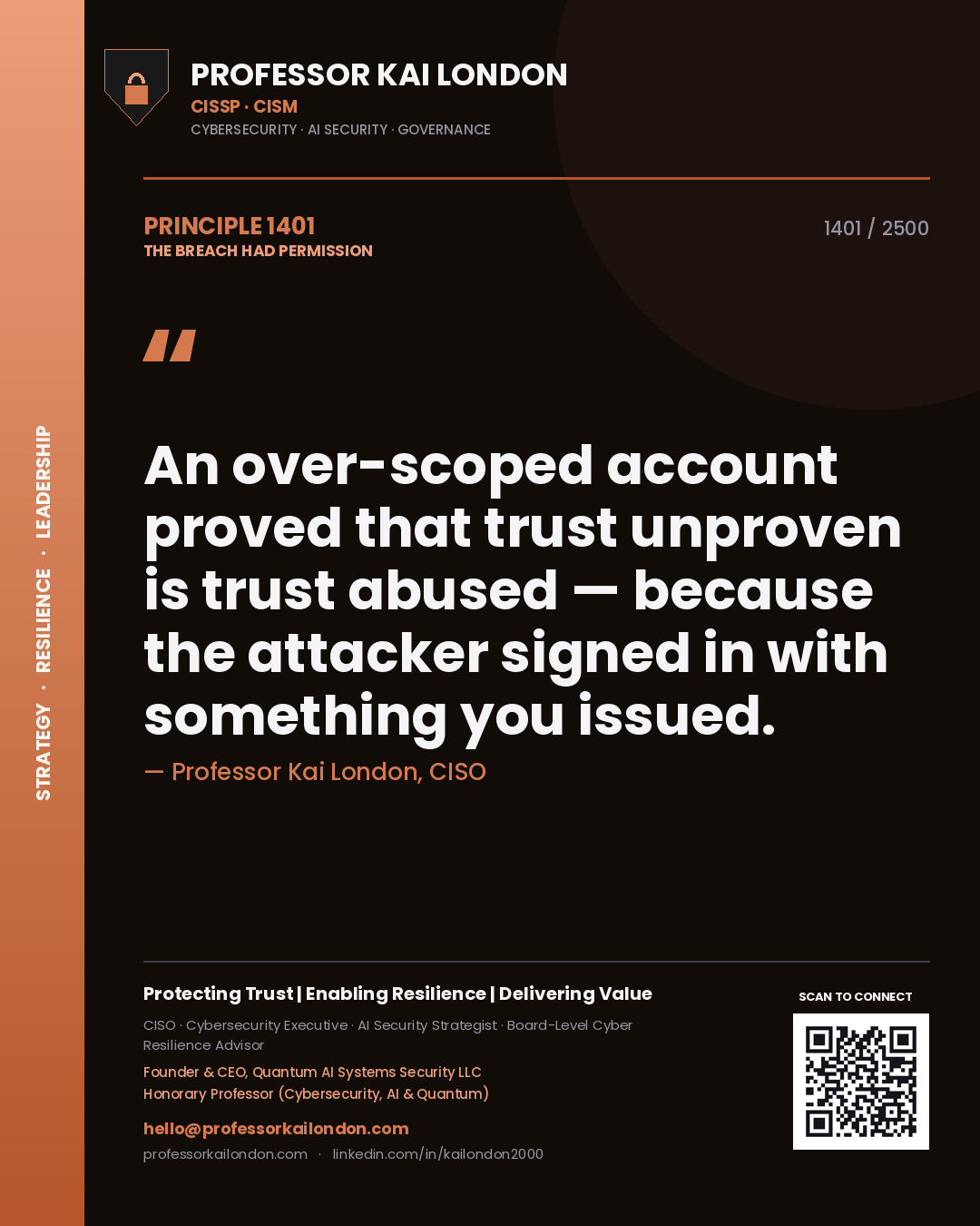 Quote card by Professor Kai London reading 'An over-scoped account proved that trust unproven is trust abused — because the attacker signed in with something you issued.'. From the book The Breach Had Permission.
