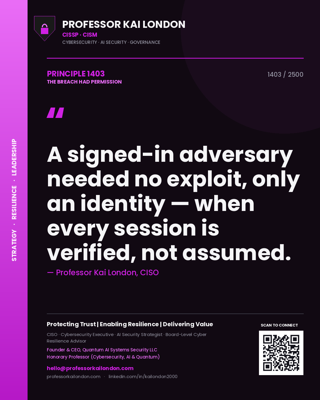 Quote card by Professor Kai London reading 'A signed-in adversary needed no exploit, only an identity — when every session is verified, not assumed.'. From the book The Breach Had Permission.