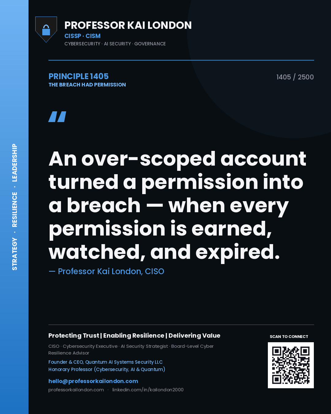 Professor Kai London principle 1405: An over-scoped account turned a permission into a breach — when every permission is earned, watched, and expired.
