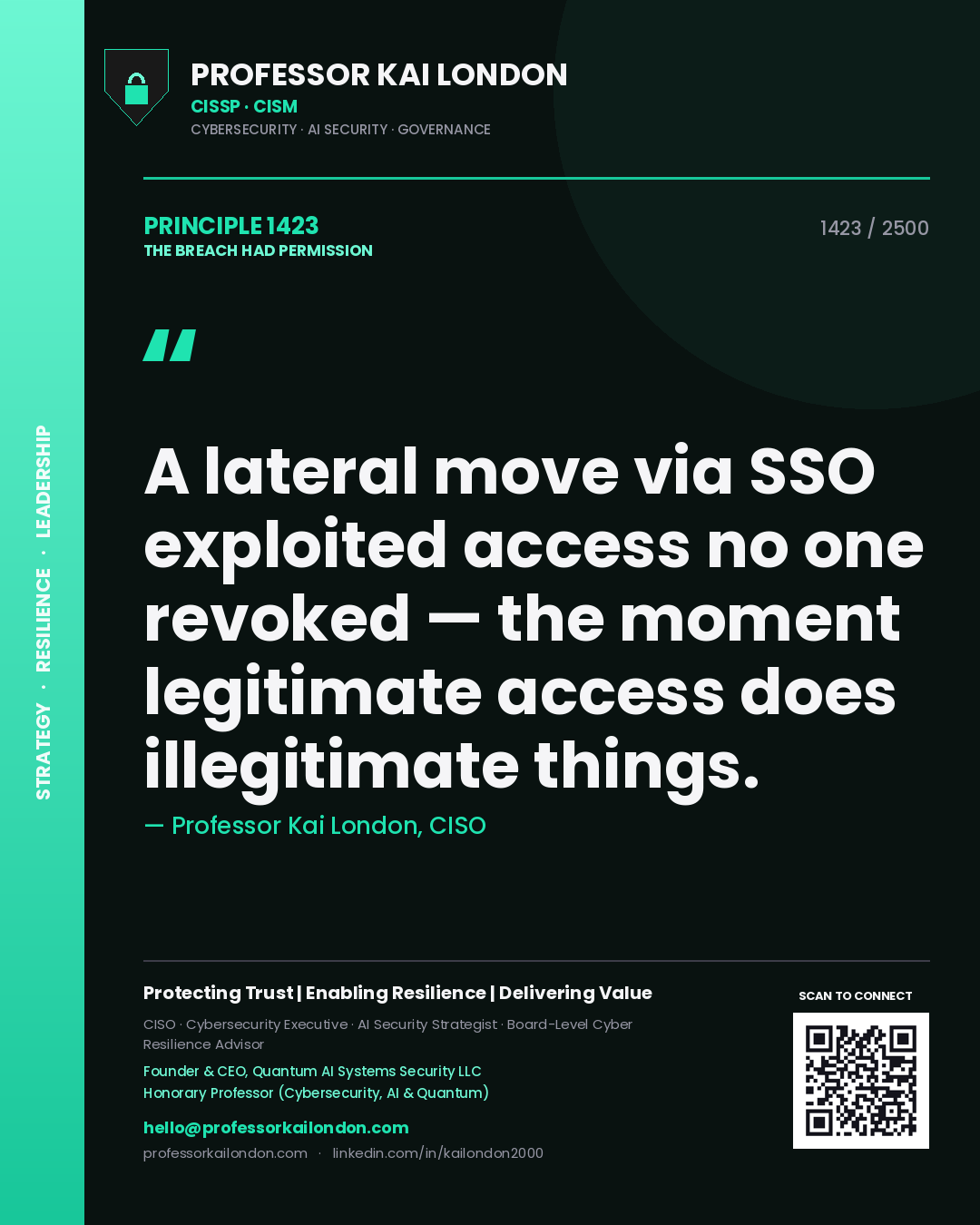 Professor Kai London principle 1423: A lateral move via SSO exploited access no one revoked — the moment legitimate access does illegitimate things.