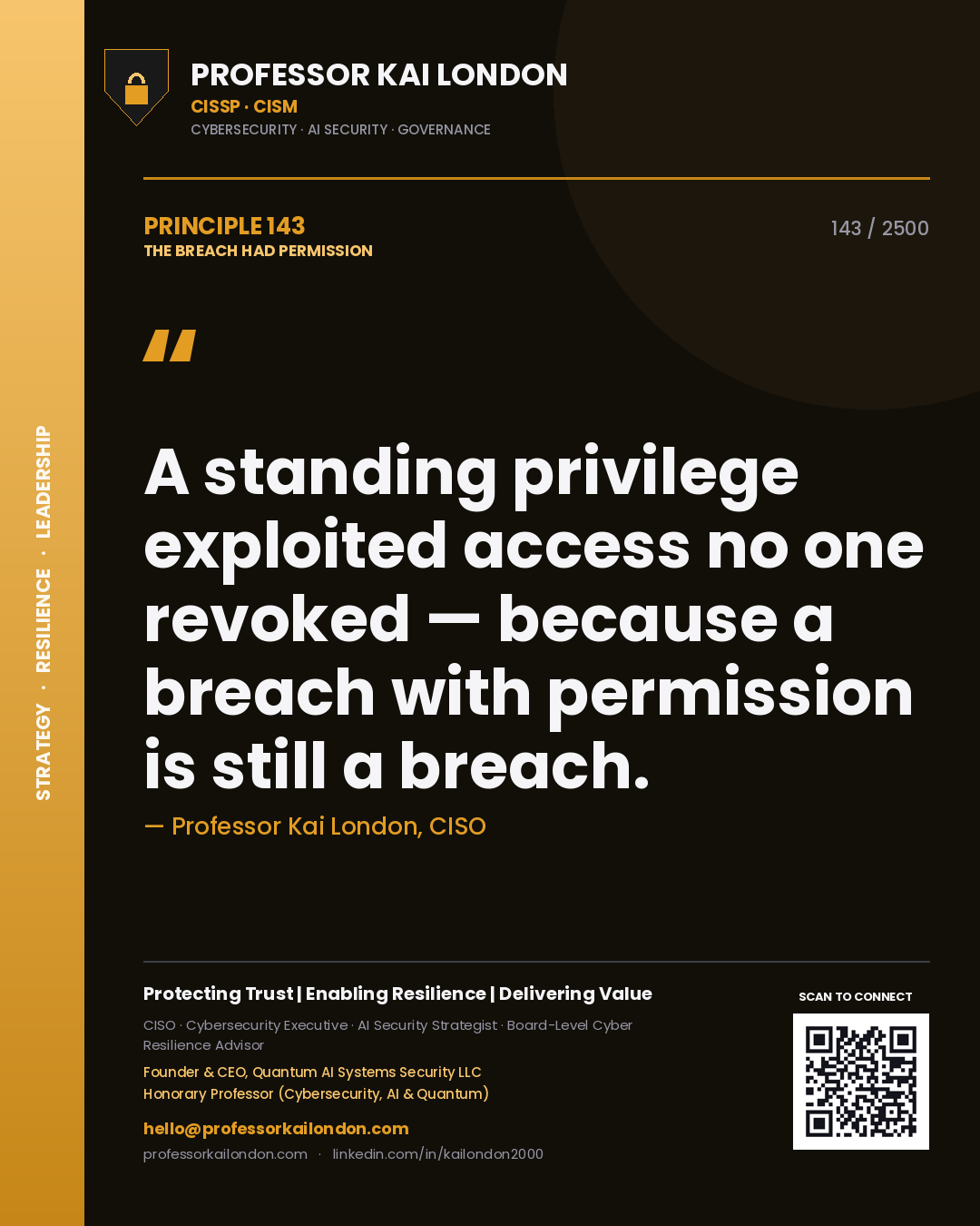 Professor Kai London principle 143: A standing privilege exploited access no one revoked — because a breach with permission is still a breach.