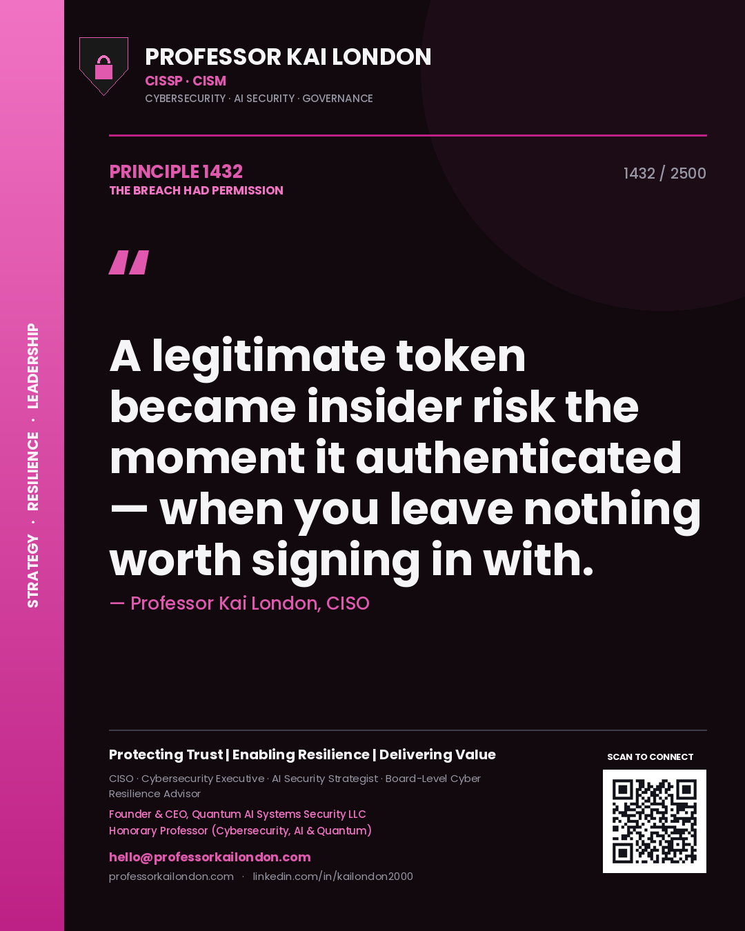 Professor Kai London principle 1432: A legitimate token became insider risk the moment it authenticated — when you leave nothing worth signing in with.