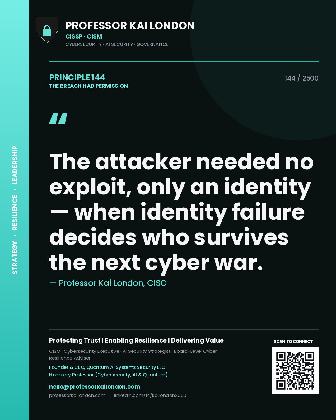 Professor Kai London principle 144: The attacker needed no exploit, only an identity — when identity failure decides who survives the next cyber war.
