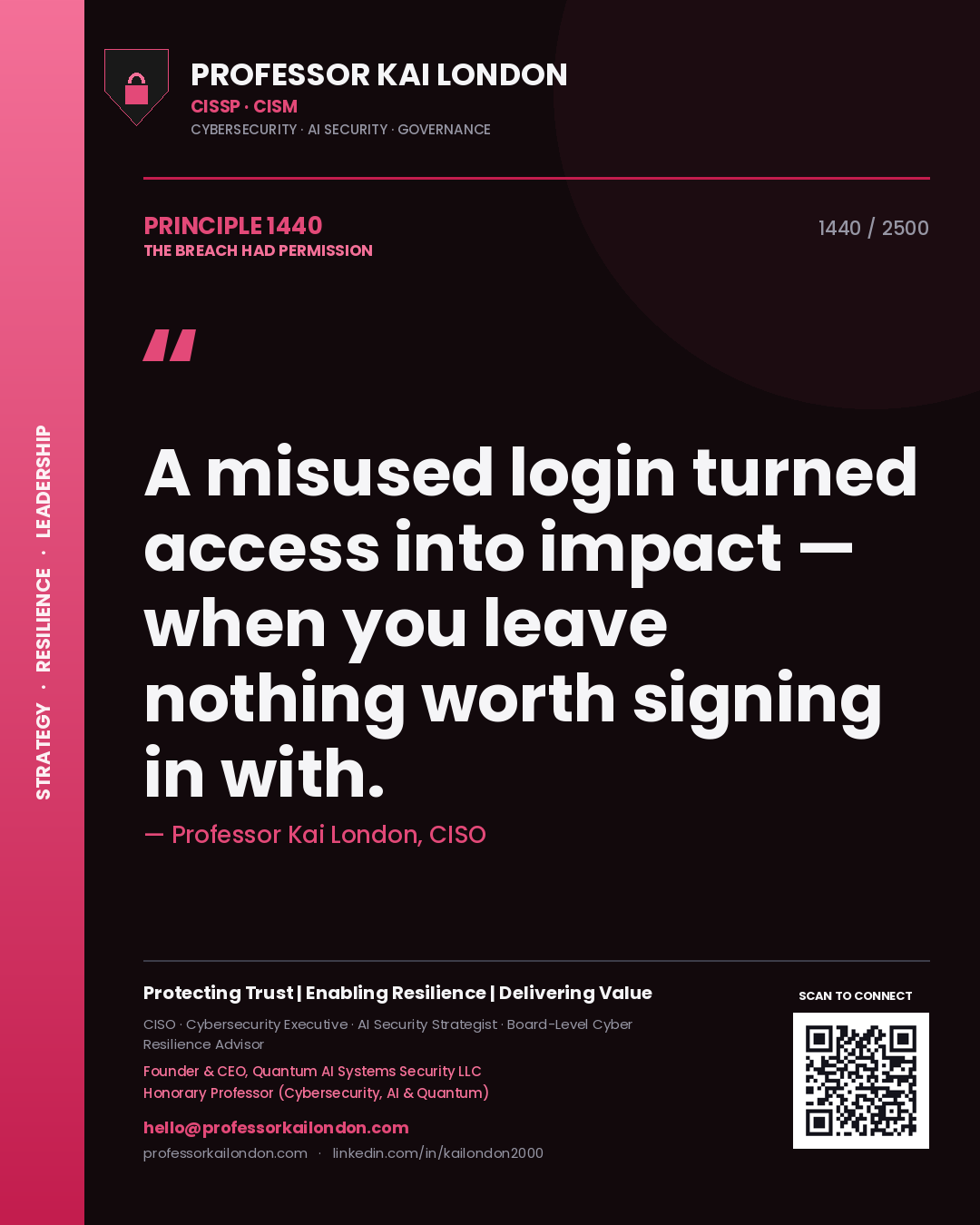 Professor Kai London principle 1440: A misused login turned access into impact — when you leave nothing worth signing in with.