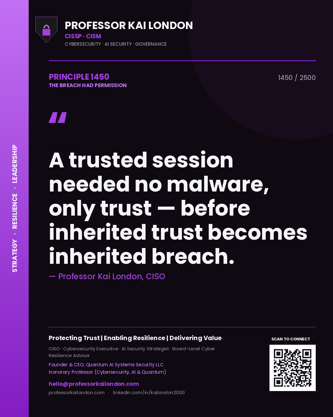 Quote card by Professor Kai London reading 'A trusted session needed no malware, only trust — before inherited trust becomes inherited breach.'. From the book The Breach Had Permission.