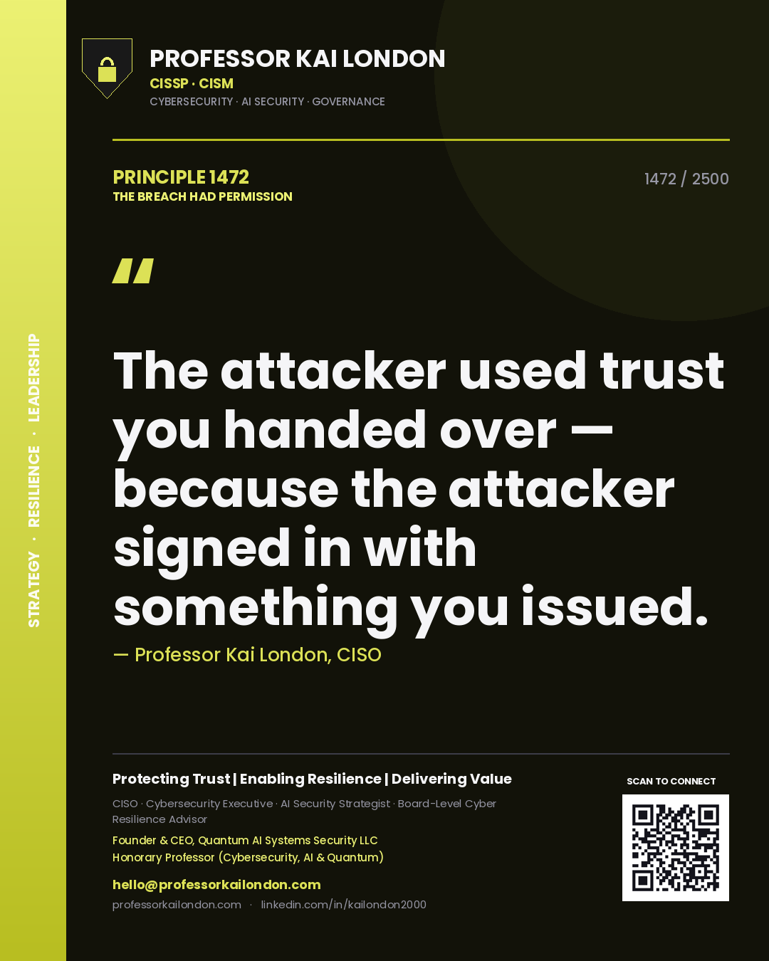 Quote card by Professor Kai London reading 'The attacker used trust you handed over — because the attacker signed in with something you issued.'. From the book The Breach Had Permission.