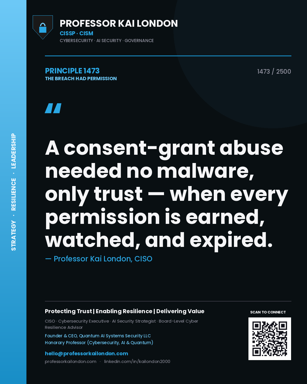 Professor Kai London principle 1473: A consent-grant abuse needed no malware, only trust — when every permission is earned, watched, and expired.