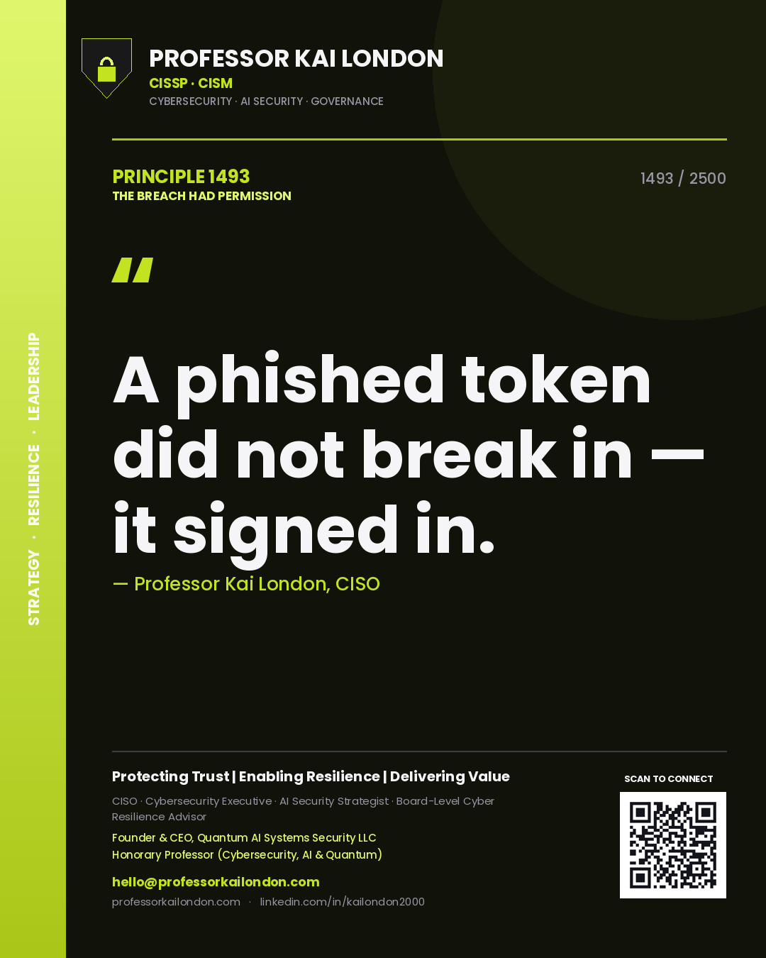 Quote card by Professor Kai London reading 'A phished token did not break in — it signed in.'. From the book The Breach Had Permission.