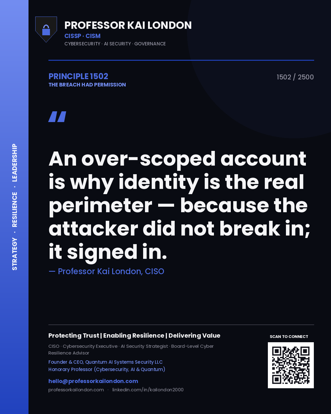 Professor Kai London principle 1502: An over-scoped account is why identity is the real perimeter — because the attacker did not break in; it signed in.