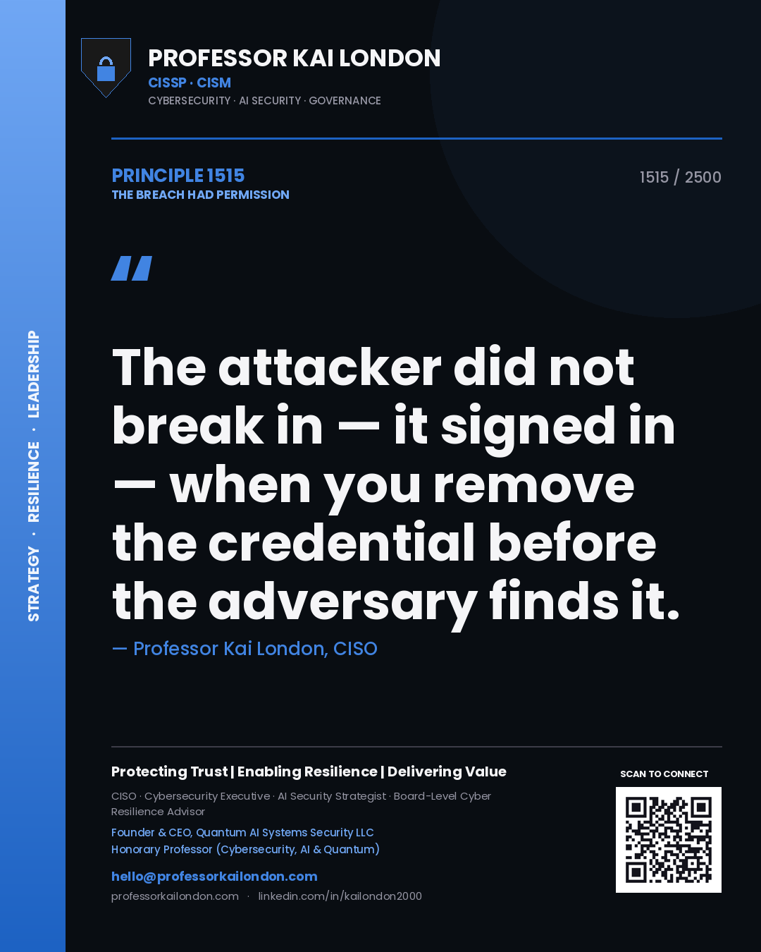 Professor Kai London principle 1515: The attacker did not break in — it signed in — when you remove the credential before the adversary finds it.