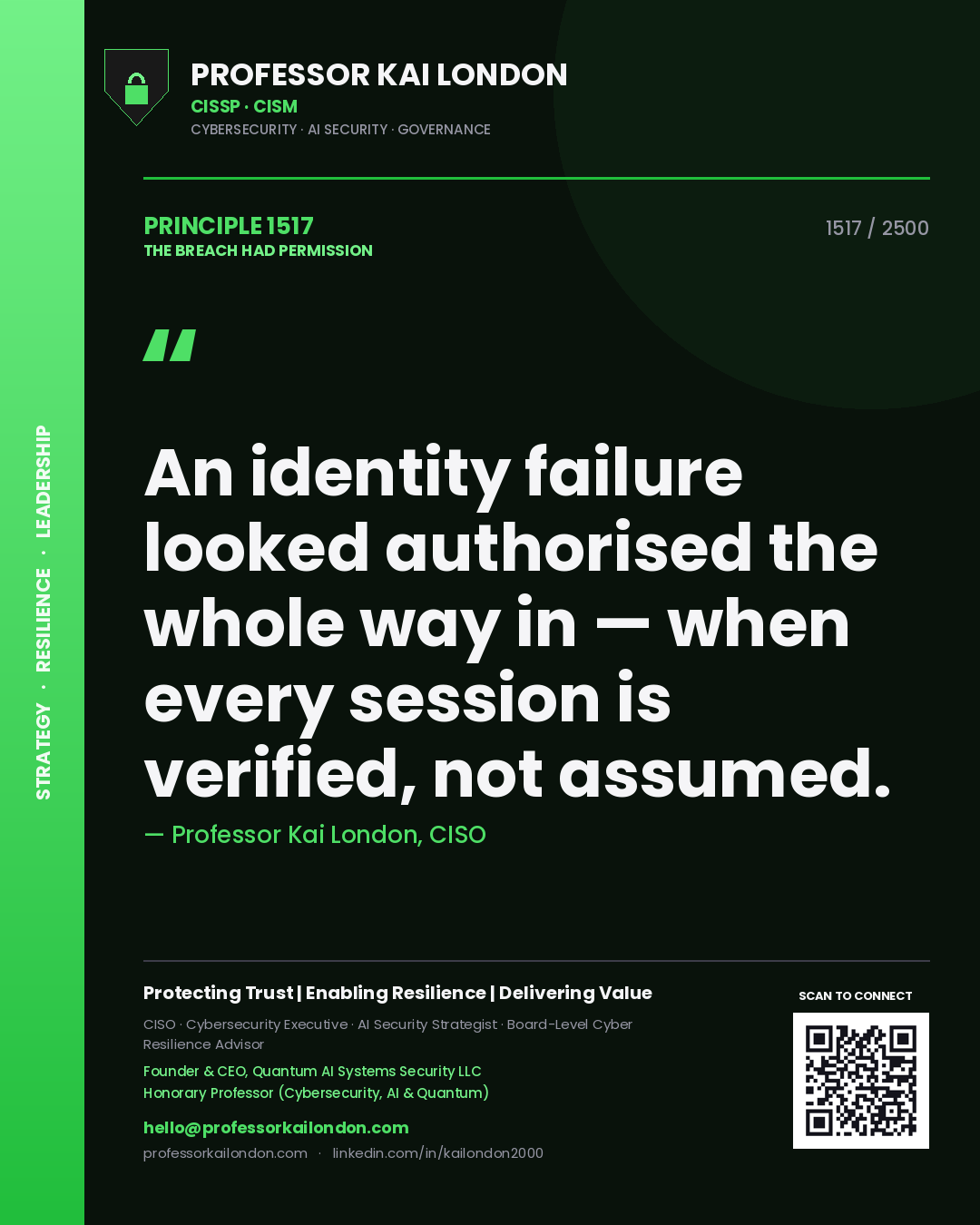 Professor Kai London principle 1517: An identity failure looked authorised the whole way in — when every session is verified, not assumed.
