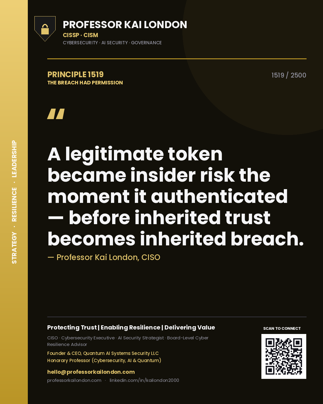Quote card by Professor Kai London reading 'A legitimate token became insider risk the moment it authenticated — before inherited trust becomes inherited breach.'. From the book The Breach Had Permission.