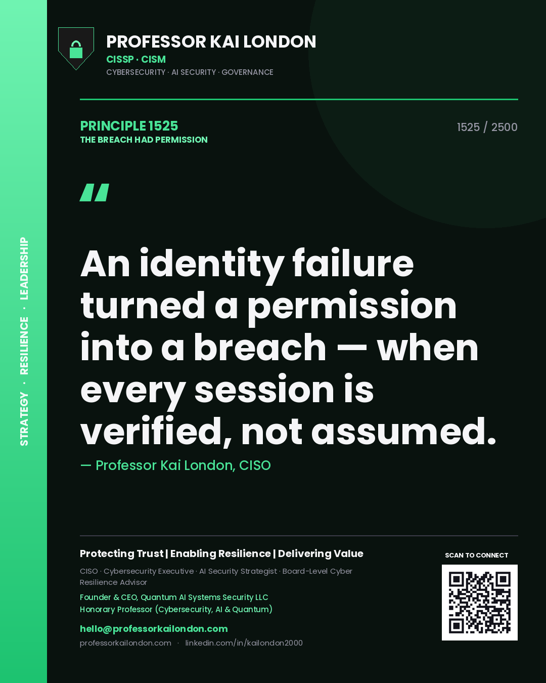 Professor Kai London principle 1525: An identity failure turned a permission into a breach — when every session is verified, not assumed.