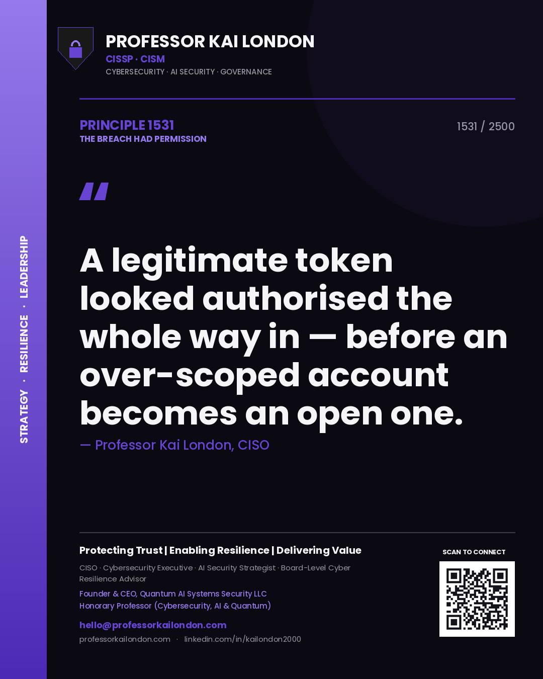 Professor Kai London principle 1531: A legitimate token looked authorised the whole way in — before an over-scoped account becomes an open one.
