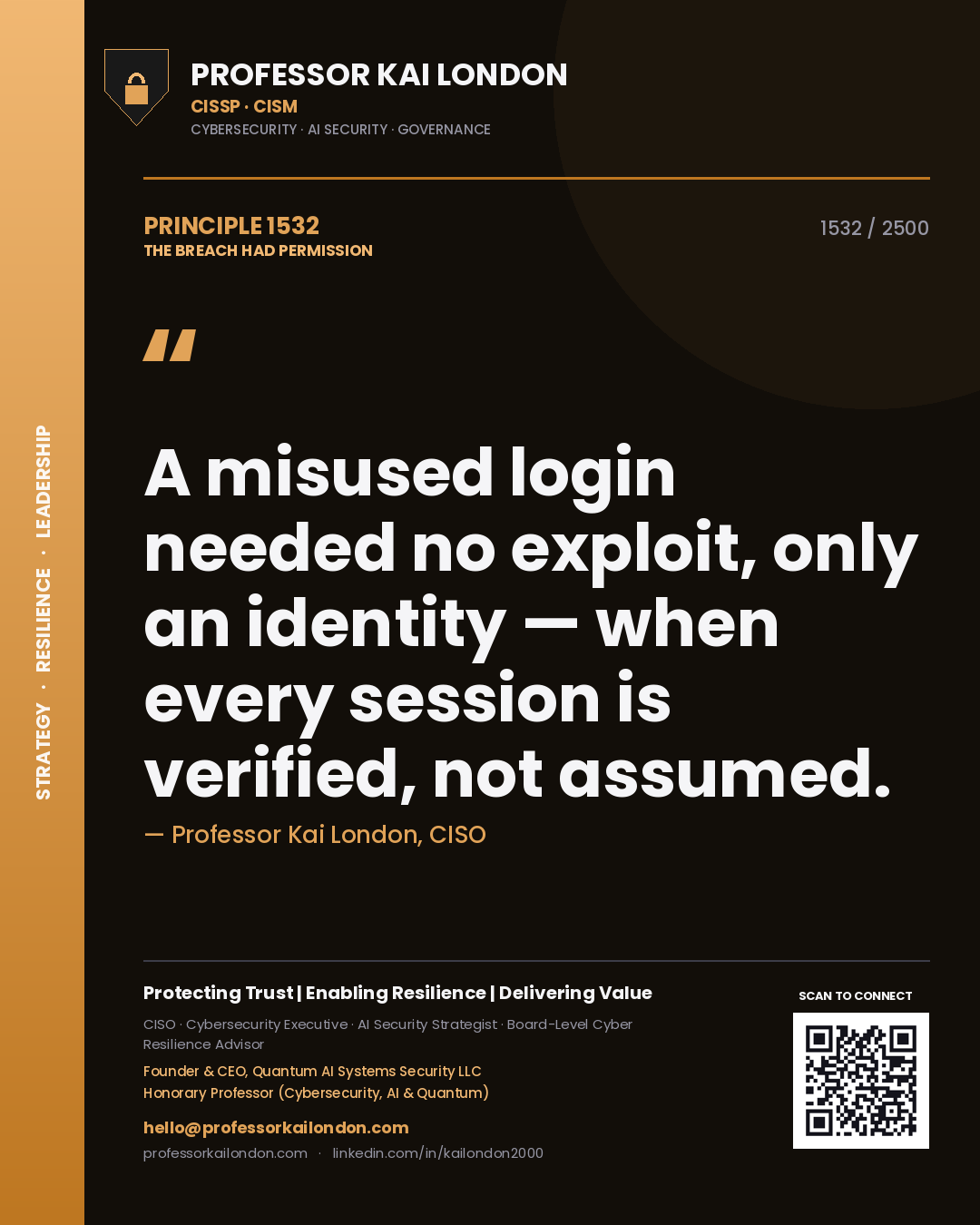 Professor Kai London principle 1532: A misused login needed no exploit, only an identity — when every session is verified, not assumed.