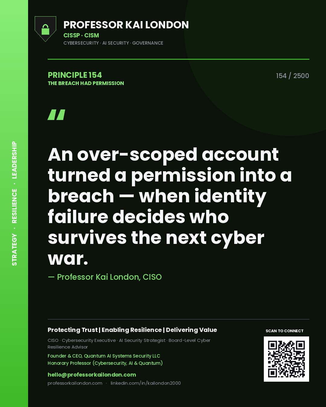 Professor Kai London principle 154: An over-scoped account turned a permission into a breach — when identity failure decides who survives the next cyber war.