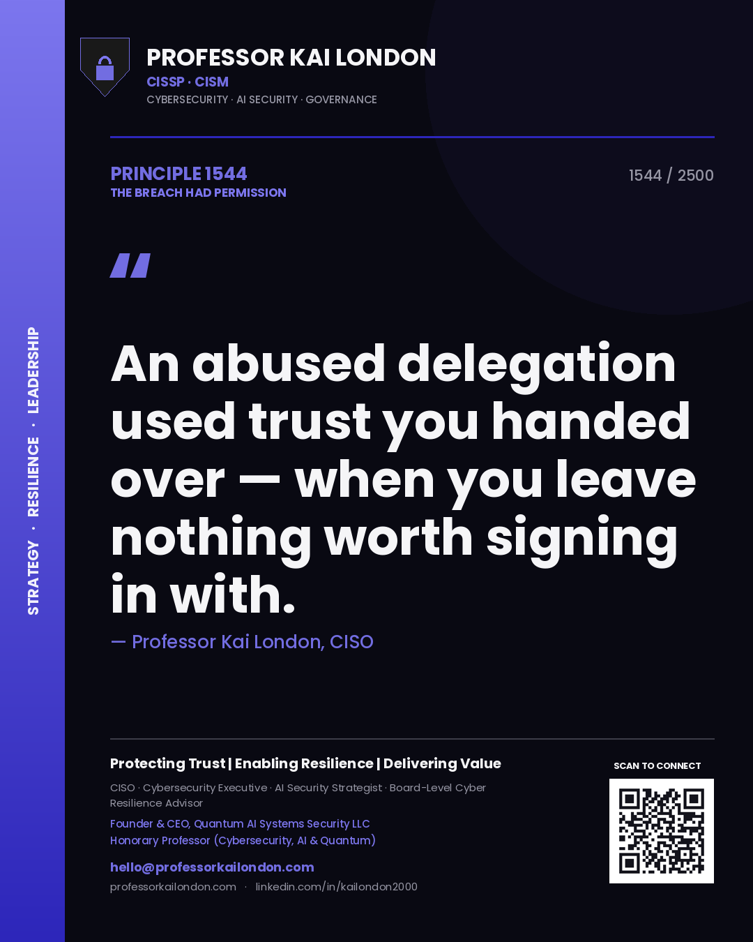 Quote card by Professor Kai London reading 'An abused delegation used trust you handed over — when you leave nothing worth signing in with.'. From the book The Breach Had Permission.