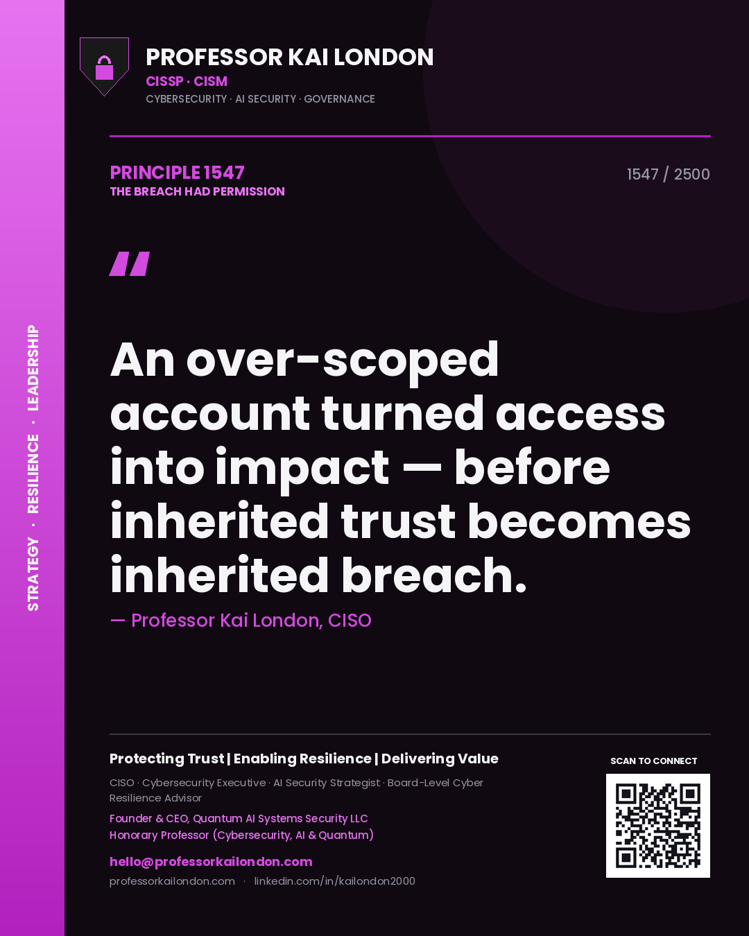 Professor Kai London principle 1547: An over-scoped account turned access into impact — before inherited trust becomes inherited breach.