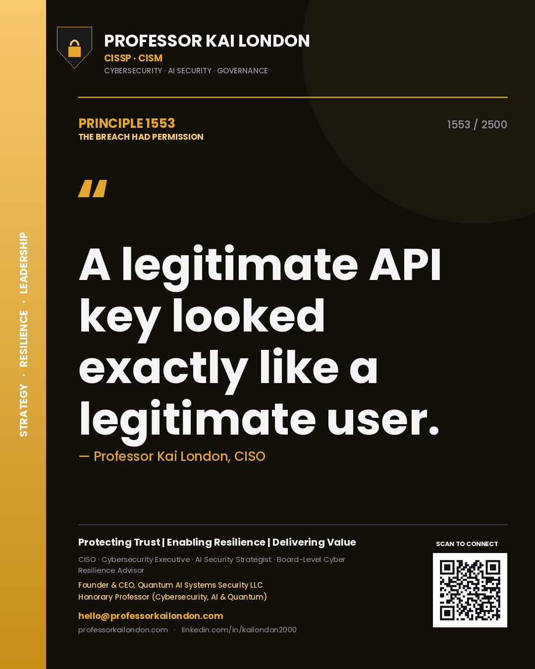 Professor Kai London principle 1553: A legitimate API key looked exactly like a legitimate user.
