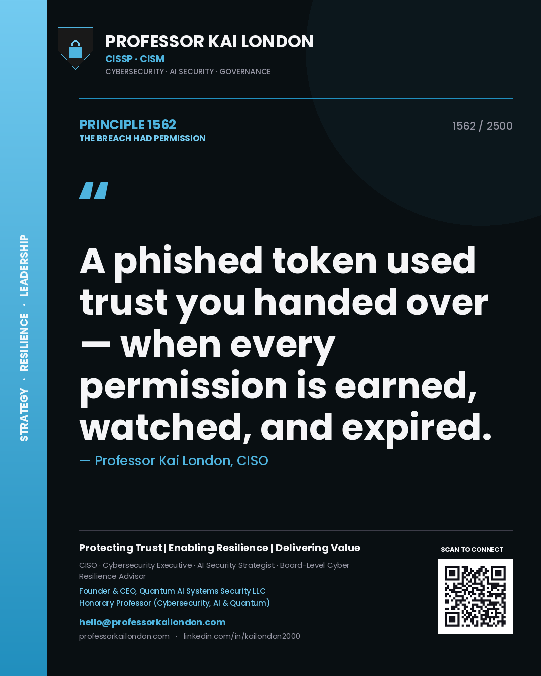 Professor Kai London principle 1562: A phished token used trust you handed over — when every permission is earned, watched, and expired.