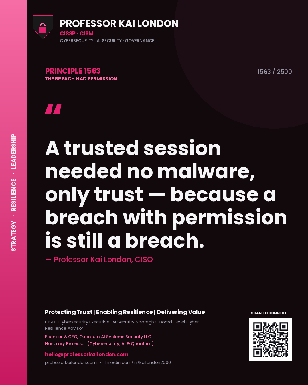 Quote card by Professor Kai London reading 'A trusted session needed no malware, only trust — because a breach with permission is still a breach.'. From the book The Breach Had Permission.