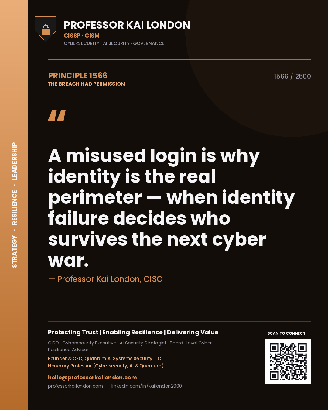 Professor Kai London principle 1566: A misused login is why identity is the real perimeter — when identity failure decides who survives the next cyber war.