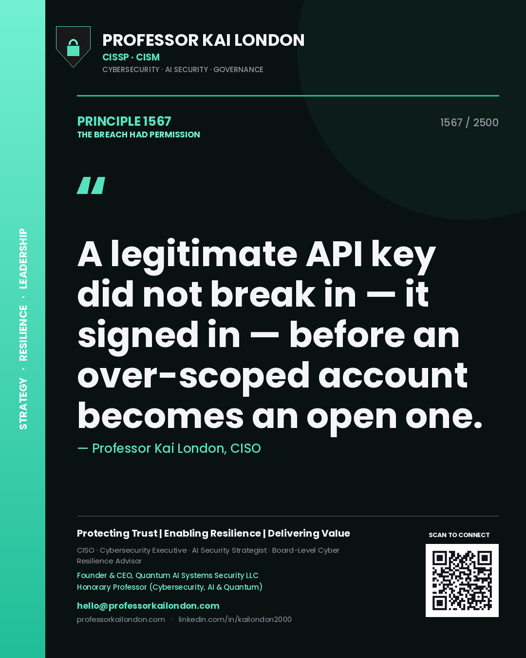 Quote card by Professor Kai London reading 'A legitimate API key did not break in — it signed in — before an over-scoped account becomes an open one.'. From the book The Breach Had Permission.