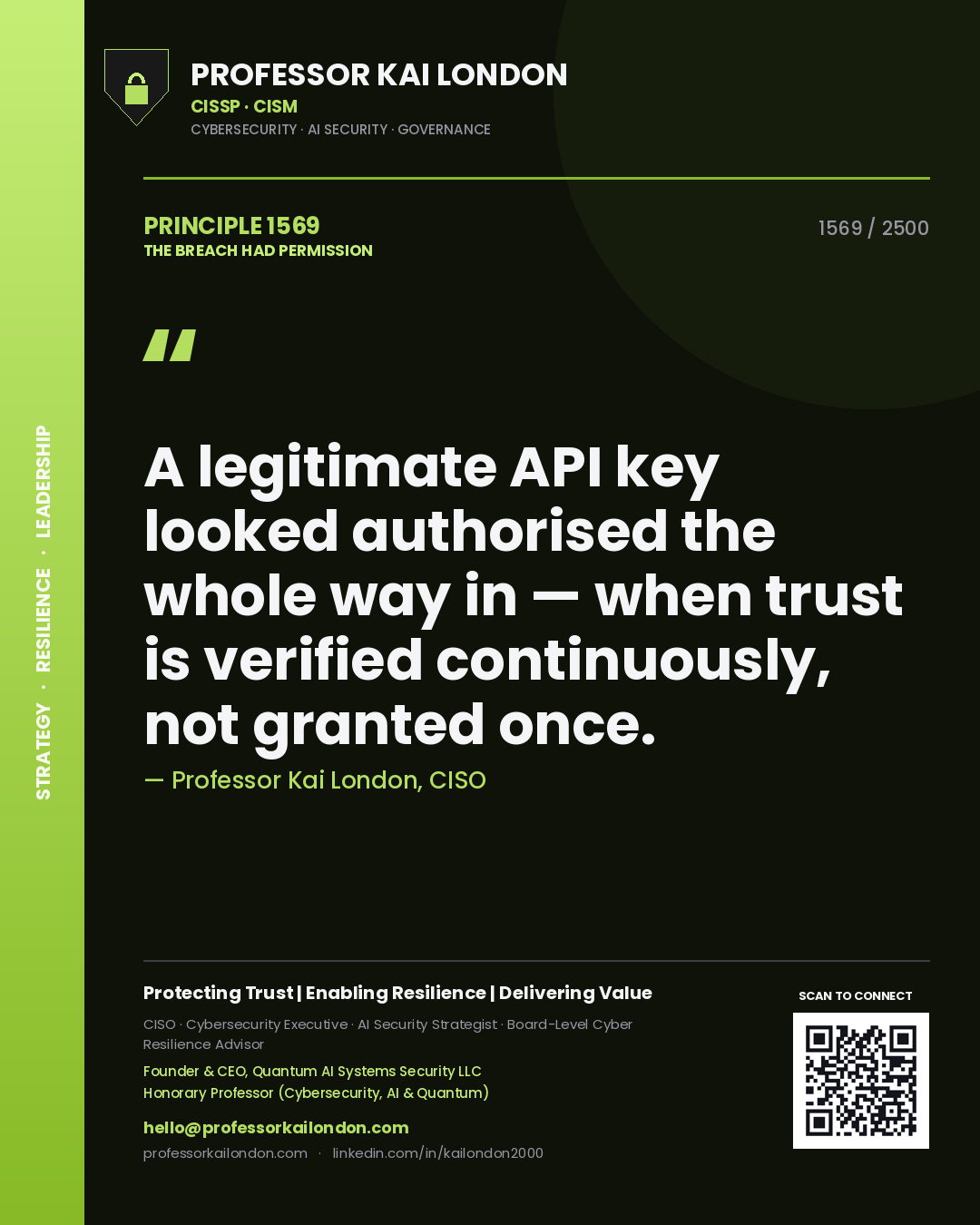 Quote card by Professor Kai London reading 'A legitimate API key looked authorised the whole way in — when trust is verified continuously, not granted once.'. From the book The Breach Had Permission.