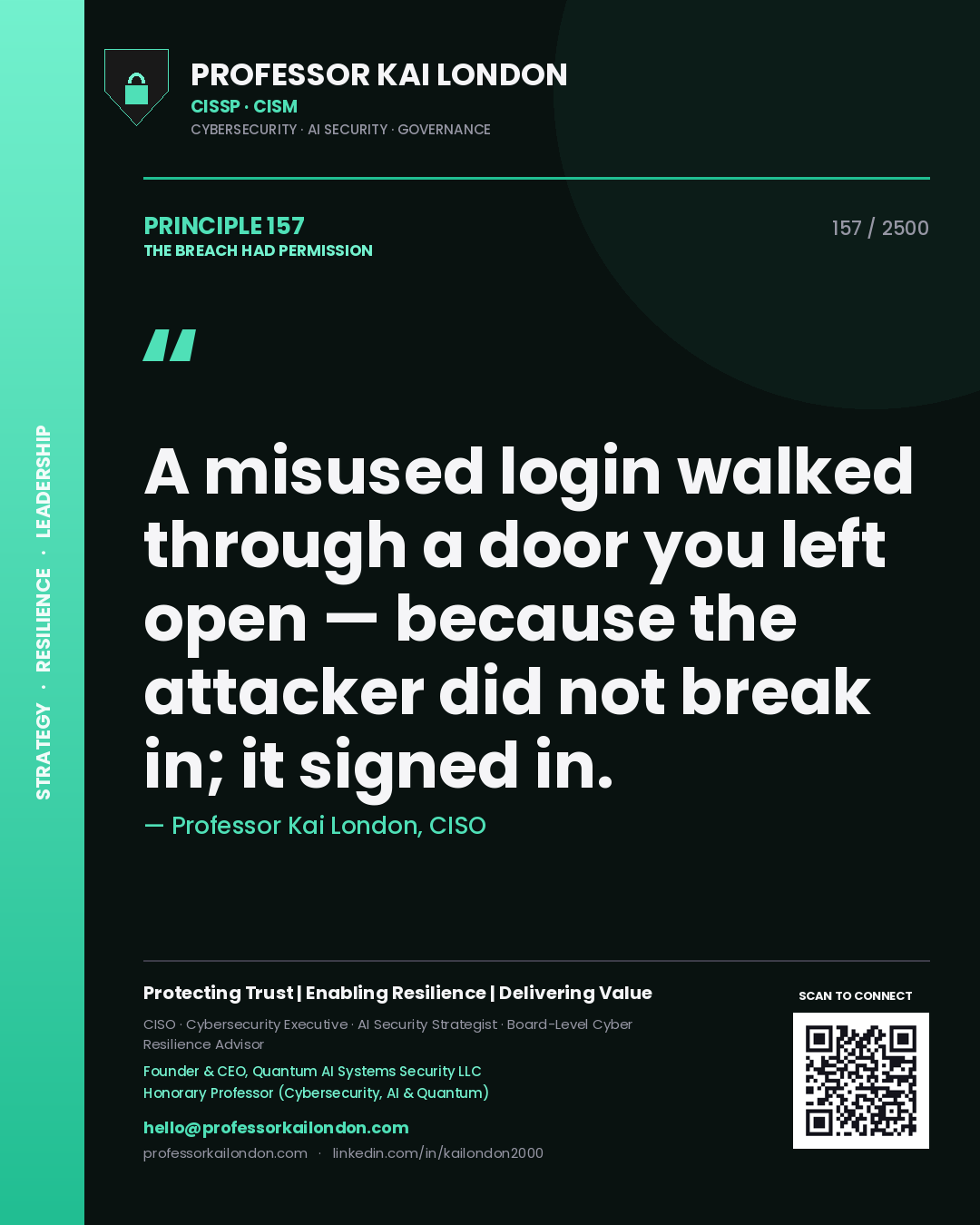 Quote card by Professor Kai London reading 'A misused login walked through a door you left open — because the attacker did not break in; it signed in.'. From the book The Breach Had Permission.