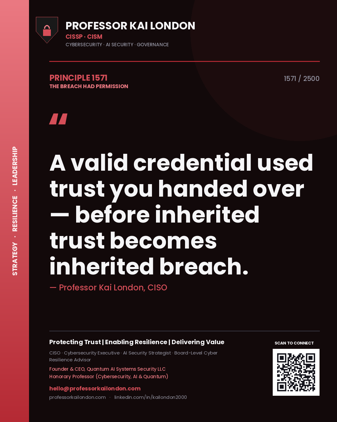 Professor Kai London principle 1571: A valid credential used trust you handed over — before inherited trust becomes inherited breach.
