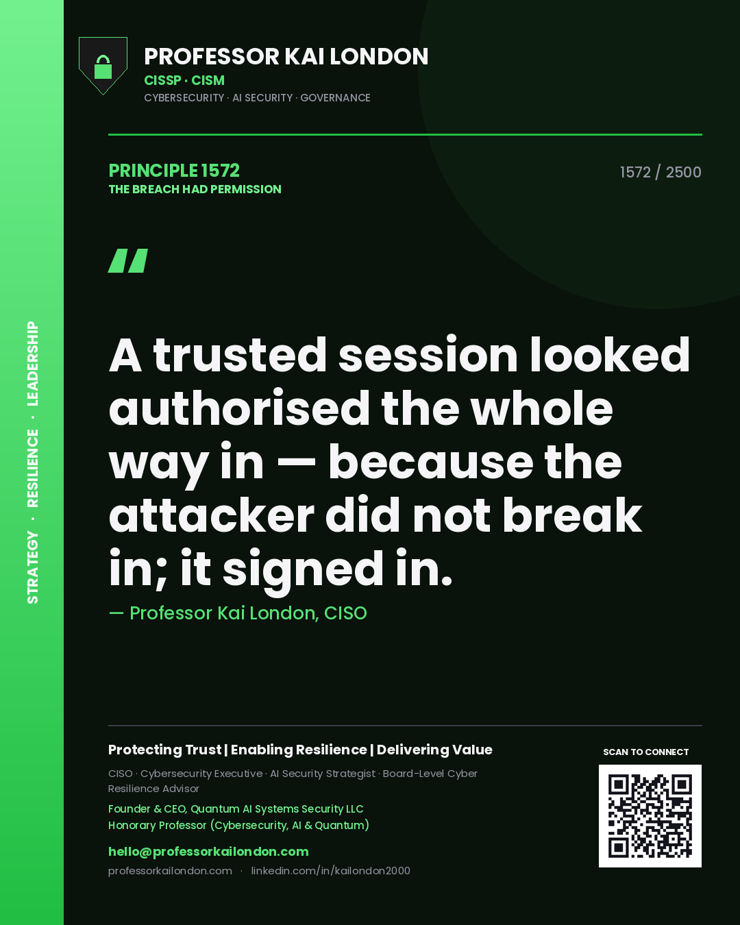 Quote card by Professor Kai London reading 'A trusted session looked authorised the whole way in — because the attacker did not break in; it signed in.'. From the book The Breach Had Permission.