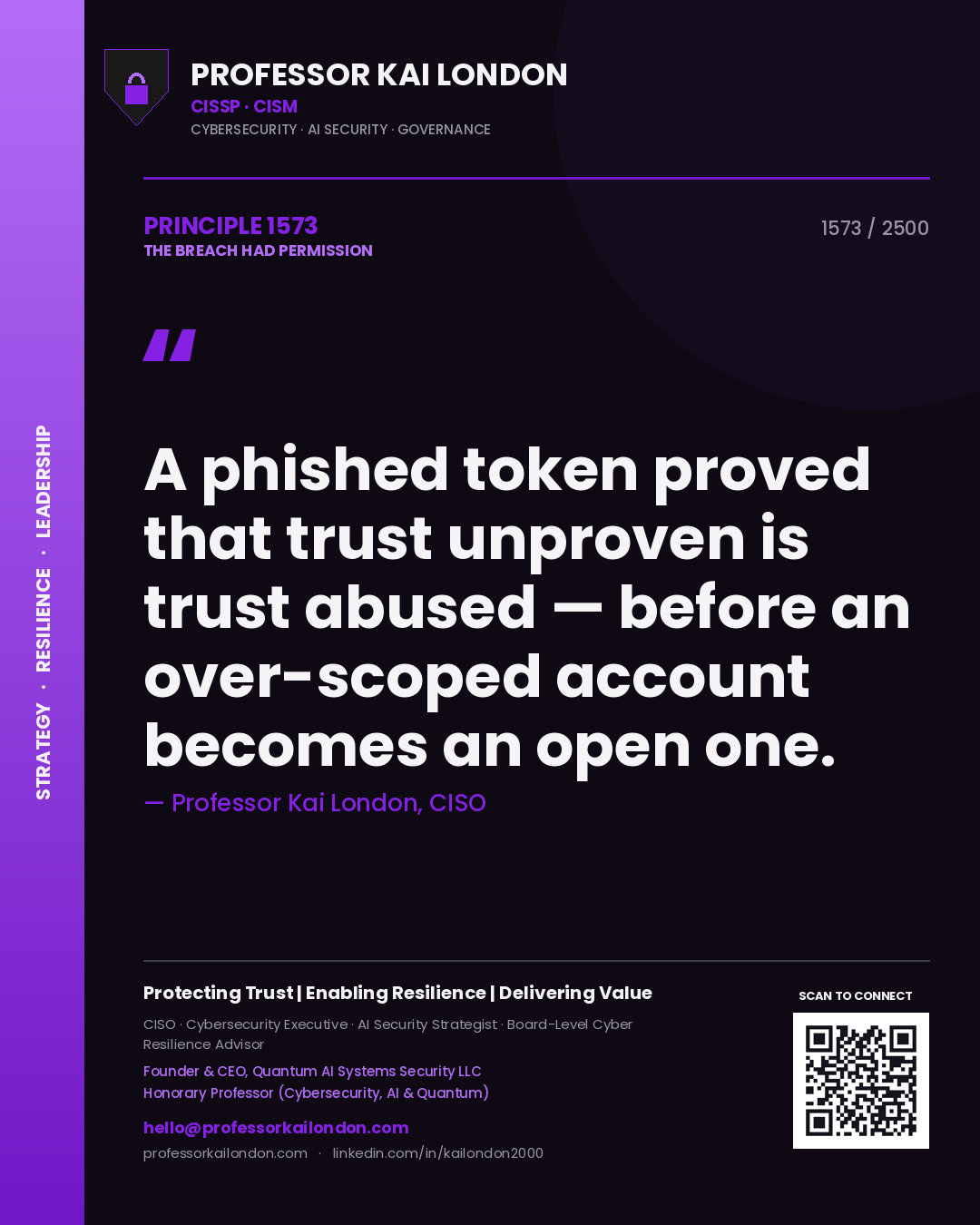 Quote card by Professor Kai London reading 'A phished token proved that trust unproven is trust abused — before an over-scoped account becomes an open one.'. From the book The Breach Had Permission.