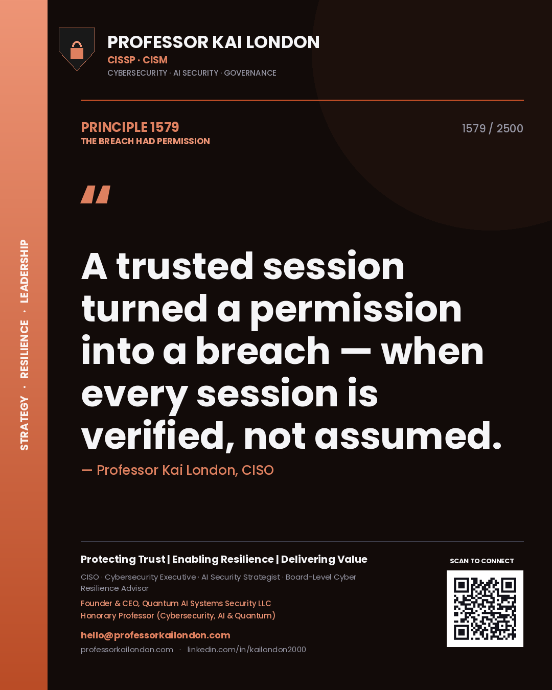 Quote card by Professor Kai London reading 'A trusted session turned a permission into a breach — when every session is verified, not assumed.'. From the book The Breach Had Permission.